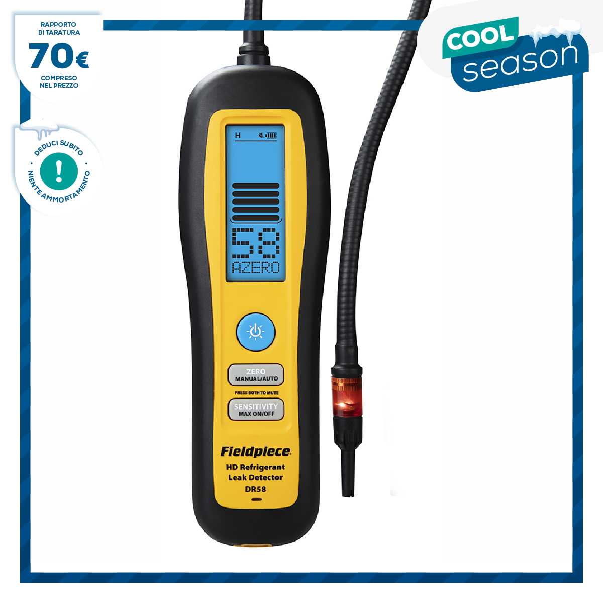 Fieldpiece USA - DR58 - Tragbarer beheizter Dioden-Kältemittel-Lecksucher mit LCD-Monitor - erkennt HFC und HFO Kältemittelgase, 1234yf, Stickstoff-Wasserstoff-Gemische - Empfindlichkeit 1 Gramm/Jahr - Kalibrierungsbericht enthalten