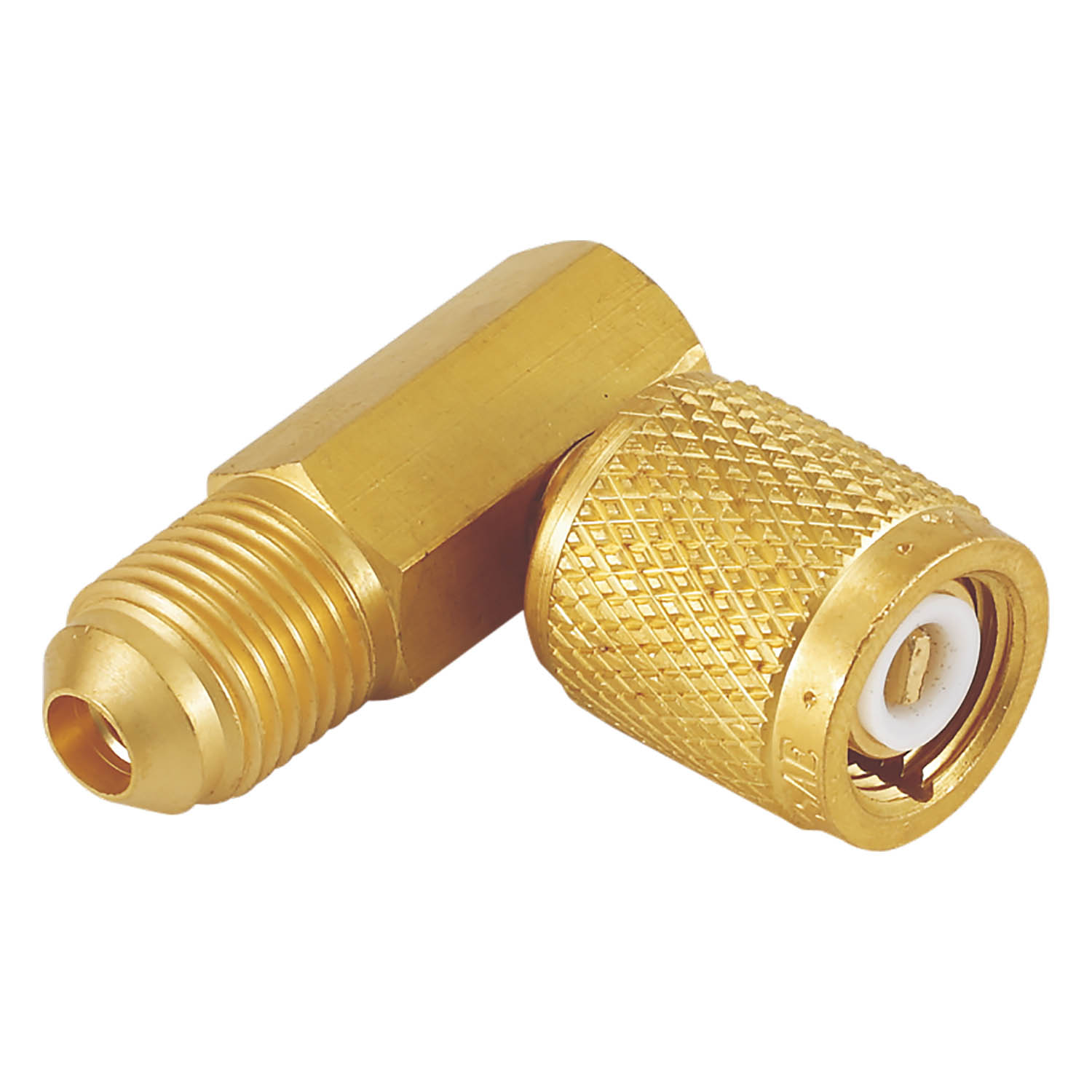 Adattatore 90° in Ottone per Valvola 5/16 SAE femmina girevole (con depressore), Uscita 5/16 SAE Maschio (Value V01) - Foto 1 