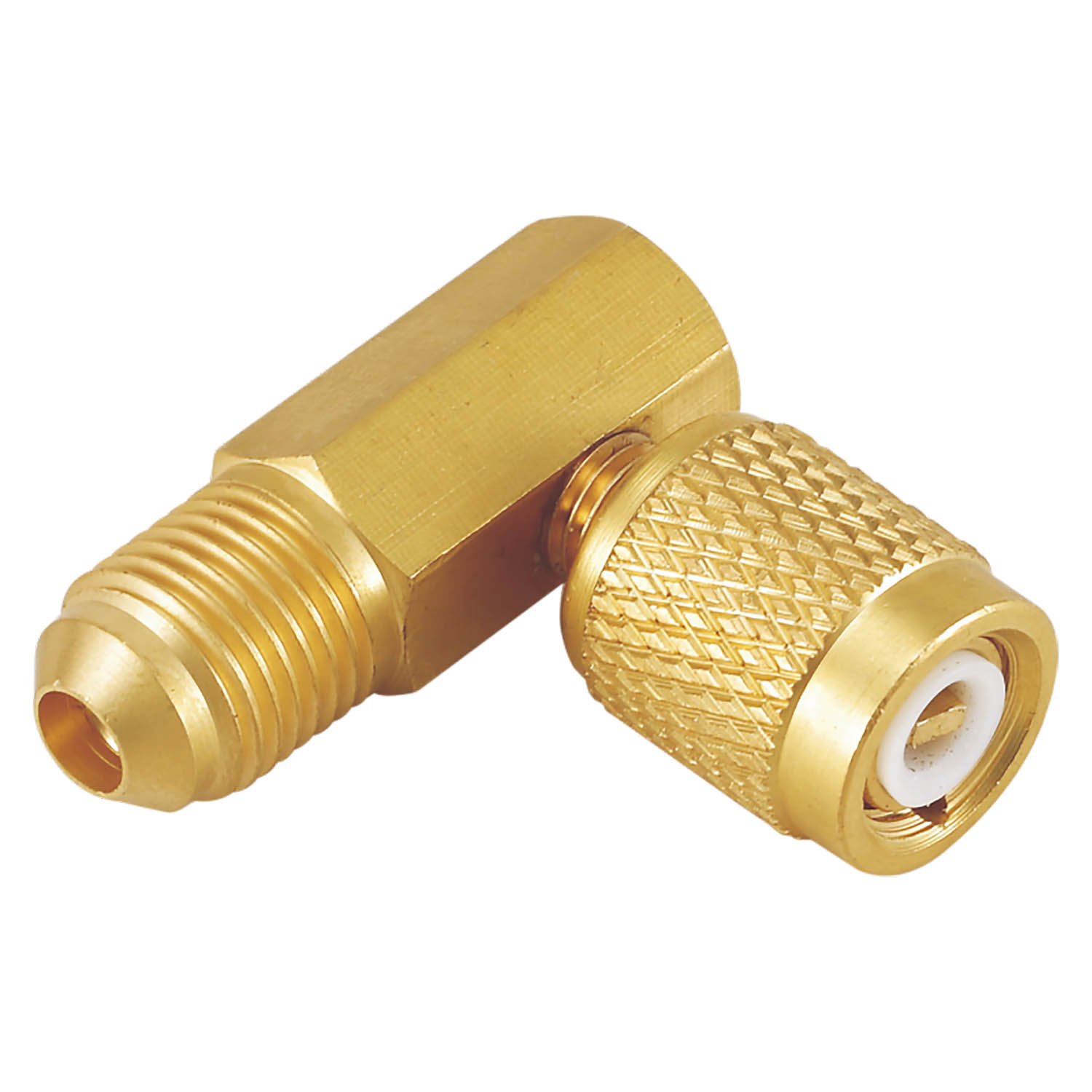 Adattatore 90° in Ottone per Valvola 1/4 SAE Femmina girevole (con depressore), Uscita 5/16 SAE Maschio (Value V03) - Foto 1 