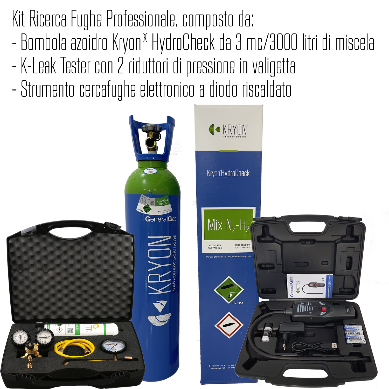 Professionelles Lecksuch-Set (Kälte- und Klimatechnik) bestehend aus Kryon® HydroCheck 3 mc/3000 Liter Azohydrotank, K-Leak Tester und elektronischem Lecksucher