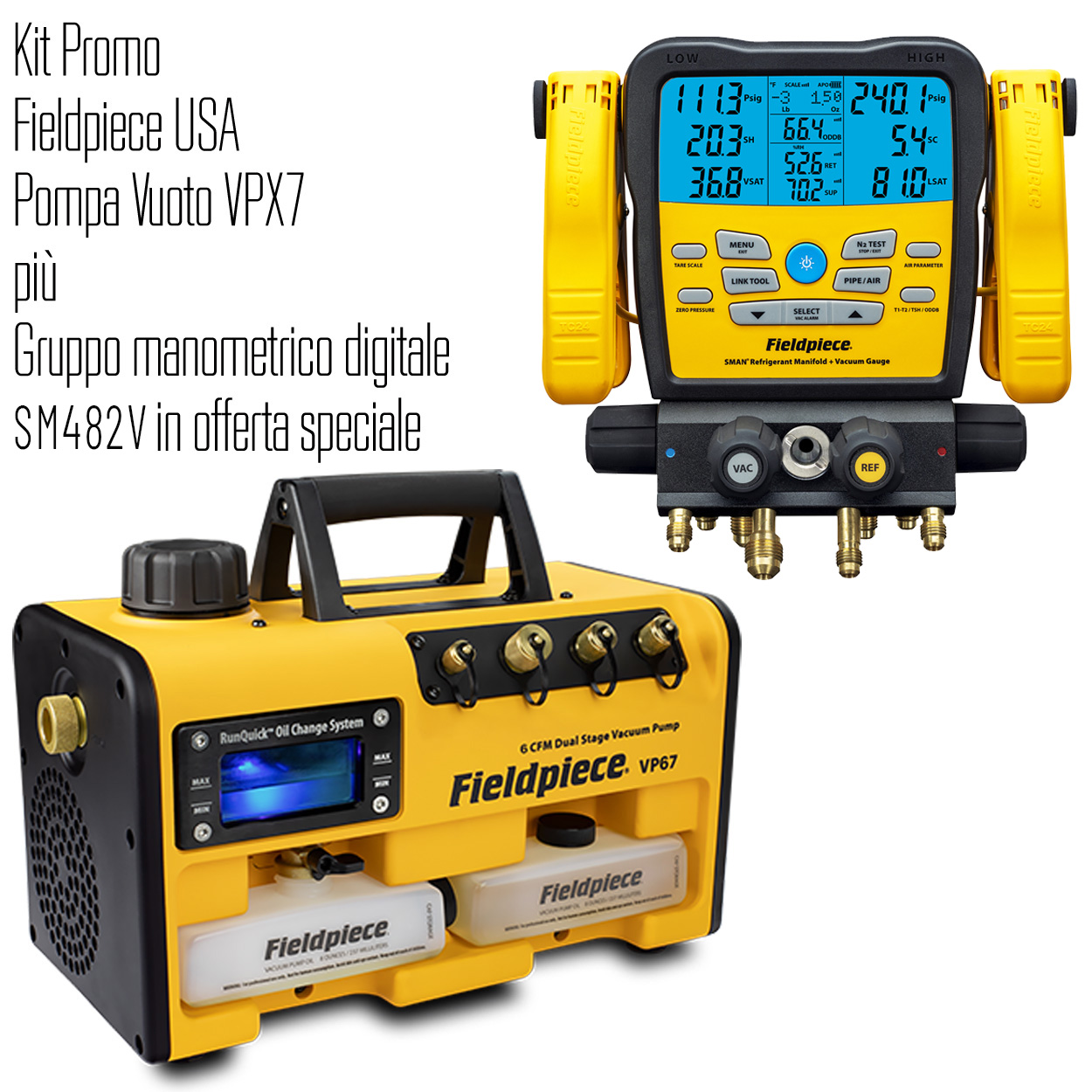 Fieldpiece-Kit (USA) bestehend aus VPX7 Vakuumpumpe 283 Liter/Minute + SM480V INT kabelloses digitale Monteurhilfe mit 4 Anschlüssen und Vakuummeter - inklusive Kalibrierungsbericht