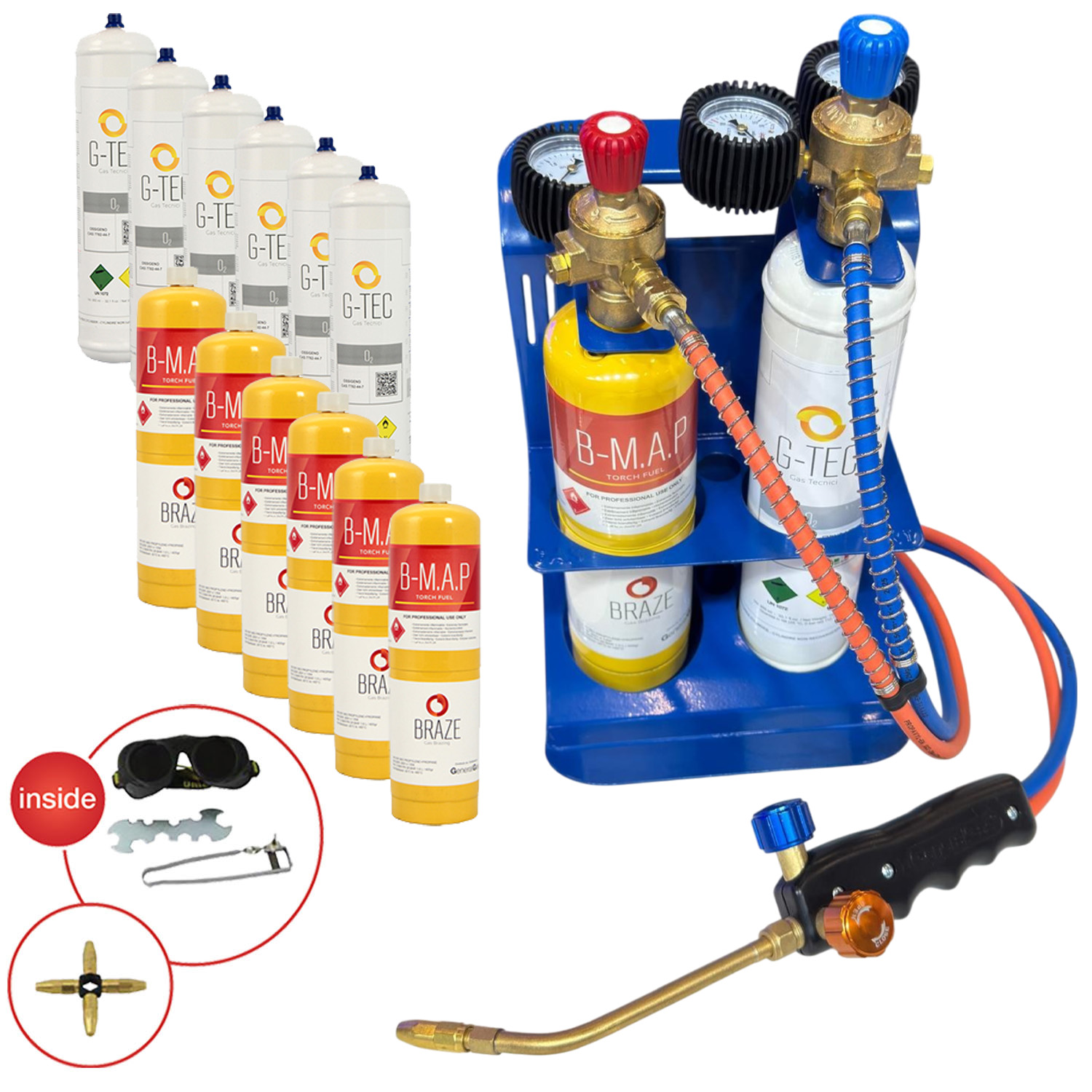 MAXIFLAME Kit saldobrasatura professionale + 7 bombole ossigeno + 7 bombole MAP (con riduttori pressione e manometri) - temperatura fino a 3.100 °C